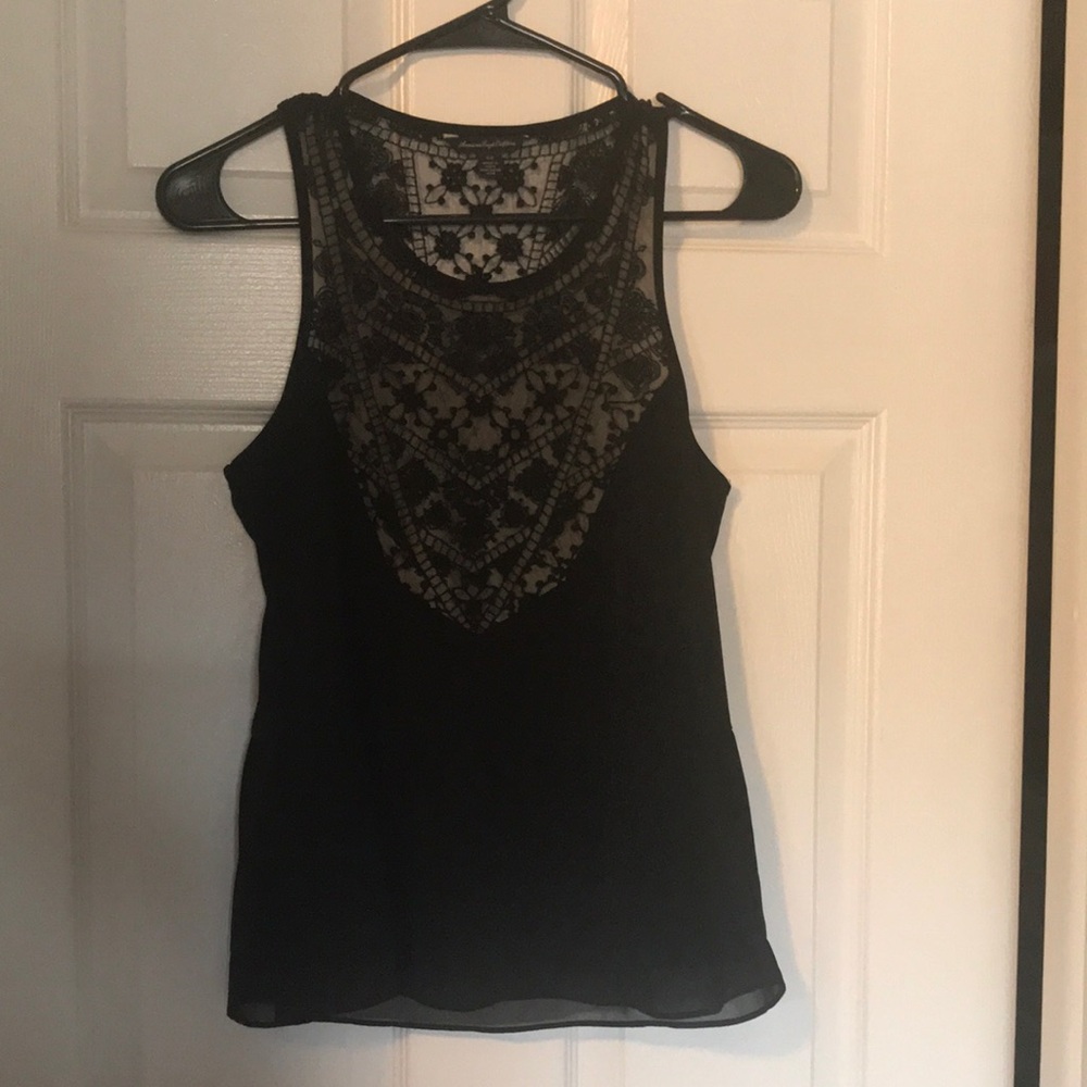 Black tank top with lace embroidery- S - American Eagle